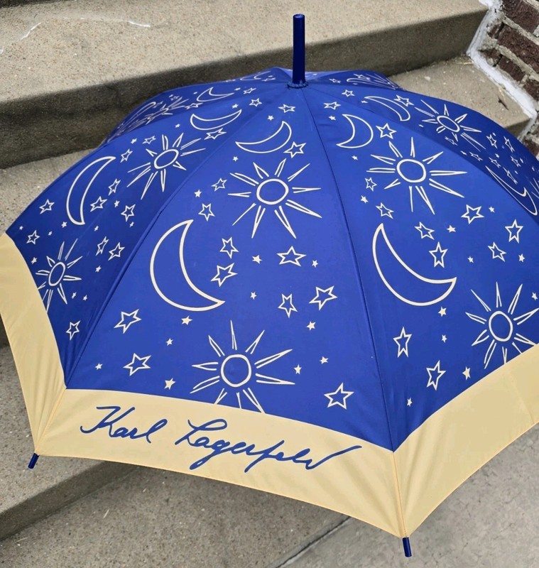 Vintage Karl Lagerfeld Sun Moon Stars Umbrella Estate Blue Beige Gold Signature
