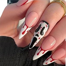 False Nail 24PCS Stiletto Blood Press-On Long Almond Spooky Clown Horror Nail