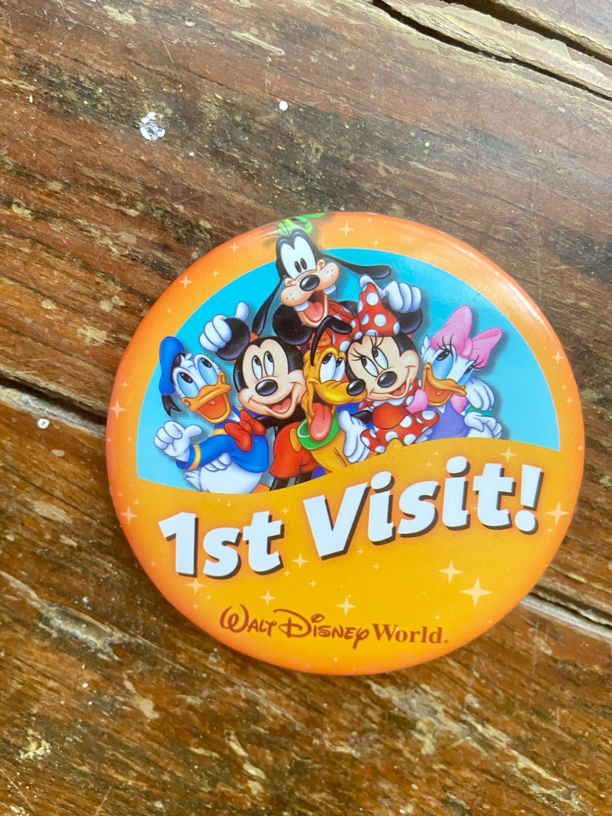 Walt Disney World First 1st Visit Button Vintage Pin Goofy Mickey Mouse Pluto 3"