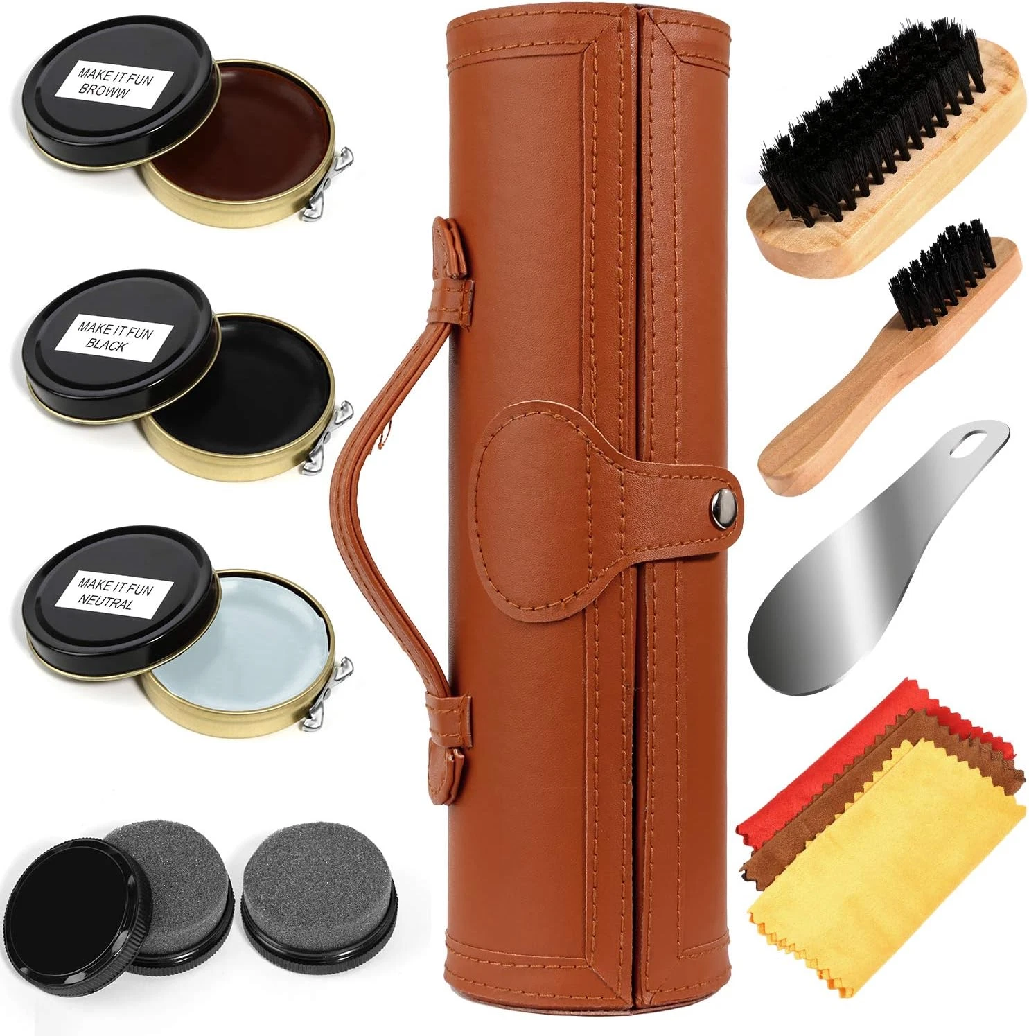 Shoe Shine Kit with PU Leather Sleek Elegant Case, 12-Piece Travel Shoe Shine Br