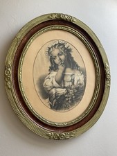 Grande Lithographie Ancienne XIXe – Fillette et Agneau Cadre Ovale Napoléon III