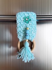 Crochet Handmade Kitchen Dish Towel Holder Baby Teal with Button Wood Ring