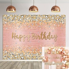 Happy Birthday Backdrop Pink and Rose Gold Dot Glitter Sparkle Party Decorations