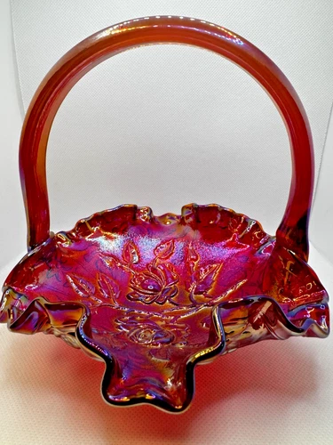 Fenton Glass Carnival Red basket W/handle 6"T X 6.5"W