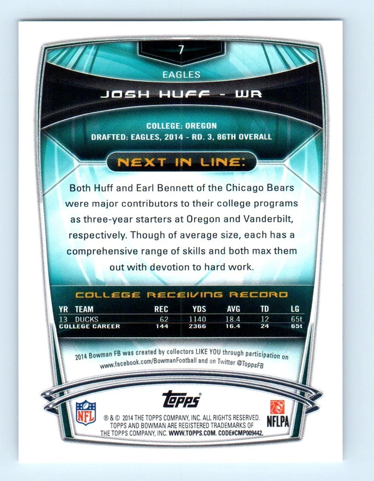 2014 Bowman Rookies Black Josh Huff Rookie Philadelphia Eagles #7 - Image 2 of 2