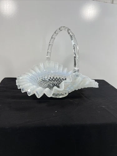 Vintage Fenton White Opalescent Hobnail Basket ~ Clear Handle ~ 10” White