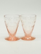 Set of 2 Vtg Pink Depression Glass Etched Flowers Crystal Cordial Glasses