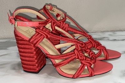 CABI Tiptoe Bright Red/Orange Rope Sandal Block Heel Hibiscus Vacation 6012 Sz 9