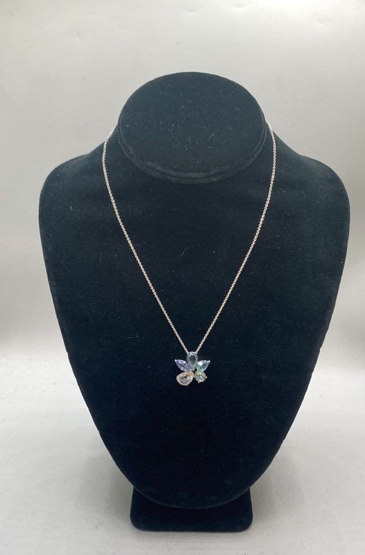 Swarovski Silver Tone Multi-Color Crystal Flower Pendant Necklace 16" with Box