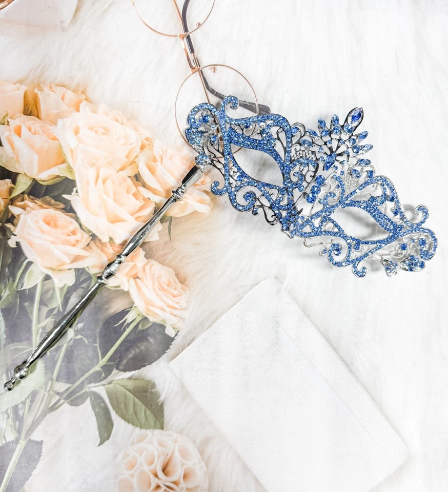 Blue Crystal Masquerade Mask with Stick, Silver Masquerade Mask, Venetian Mask - Image 2 of 4