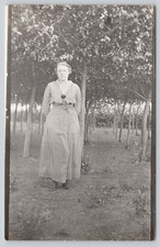 Postcard RPPC Young Mother Standing in Grove of Trees Blonche Roning? Orchard