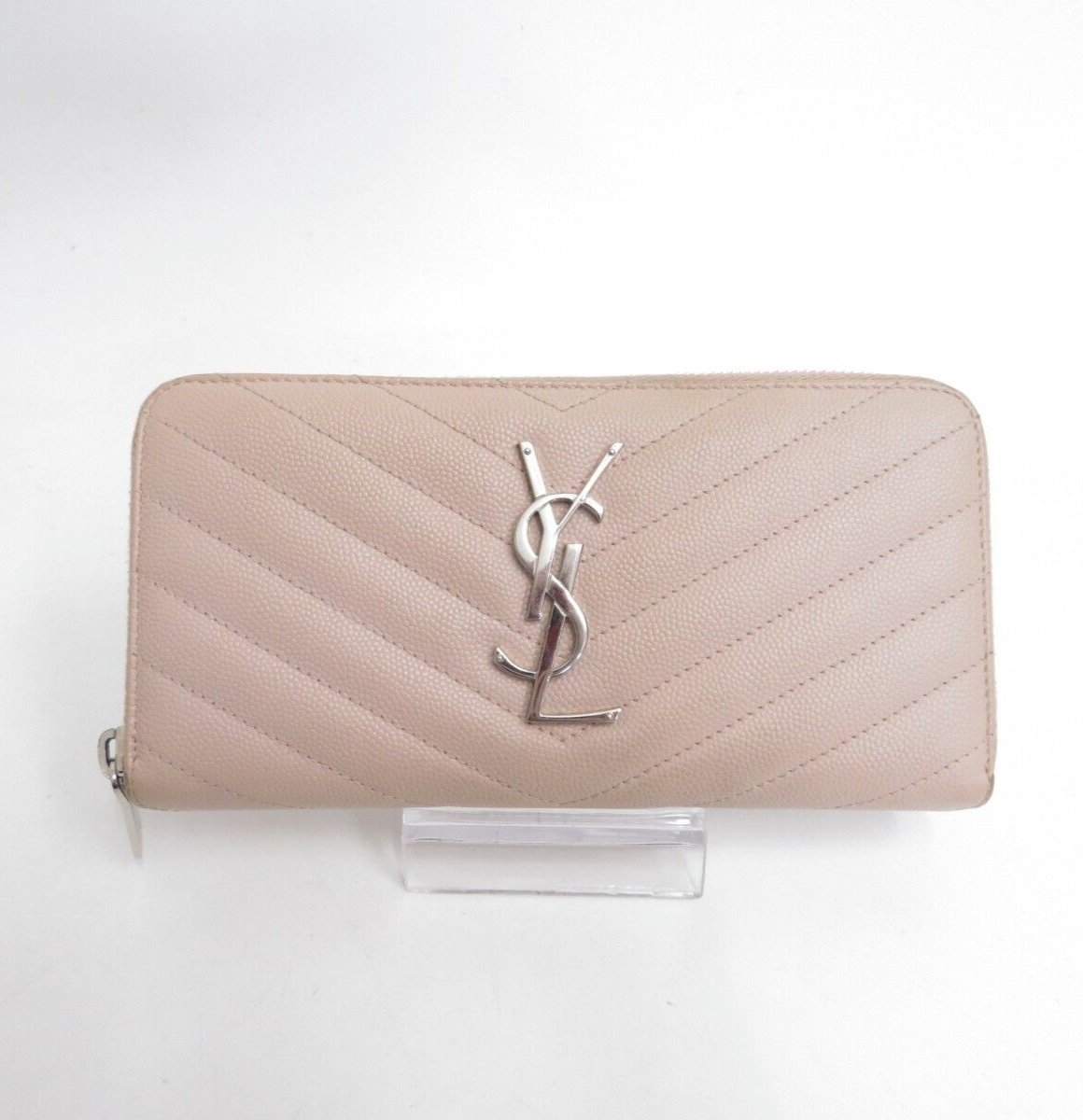 Authentic YSL Saint Laurent Leather V stitch Zip Around Long