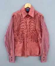 Stunning Men's SAVE THE QUEEN Embroidered Designer Linen Shirt Orange Size L