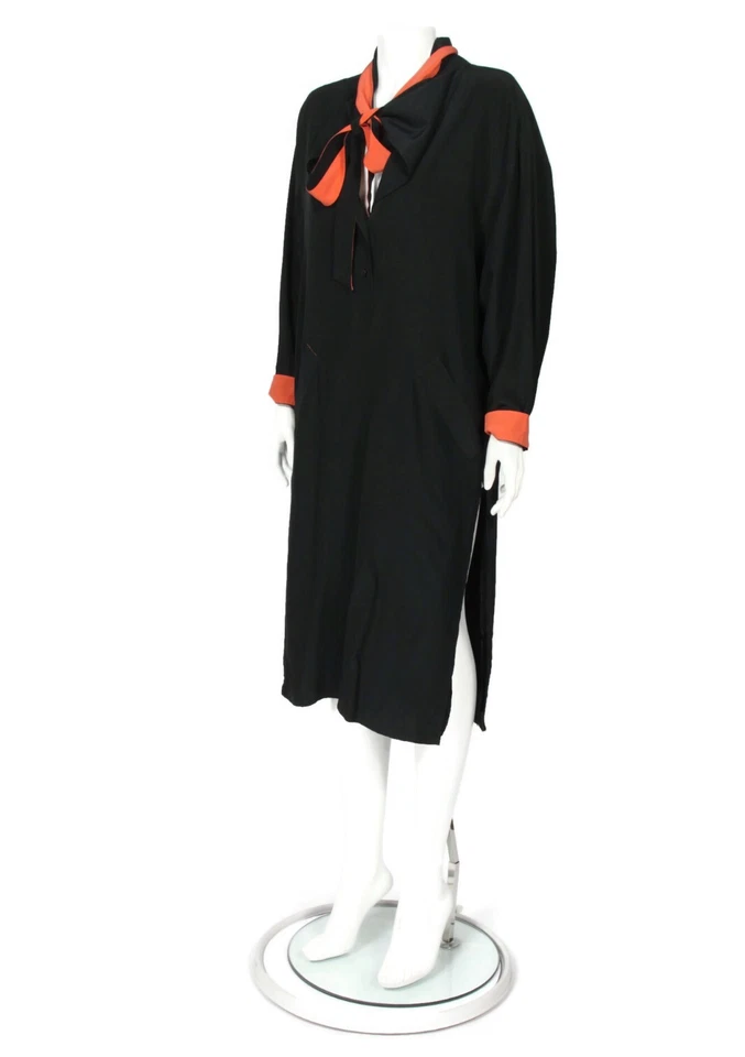 Vtg KARL LAGERFELD 1990s Black Orange Trim Silk Shirt Dress Pussy Bow sz 4 /741 - Image 4 of 4