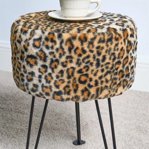 Modern Mink Footstool Vanity Bench Leopard Furry Faux Fur Stool with Black Legs image 4