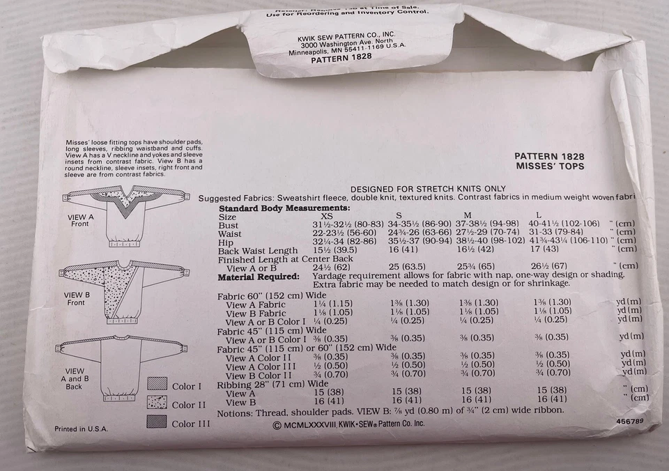 Kwik Sew Pattern 1828 Sweater Size XS,S,M,L Printed 1988 Uncut - Image 2 of 3