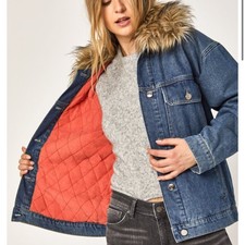 Mavi Mara Women’s Jean Jacket Indigo Denim Fur Collar Red Quilted Size S/m