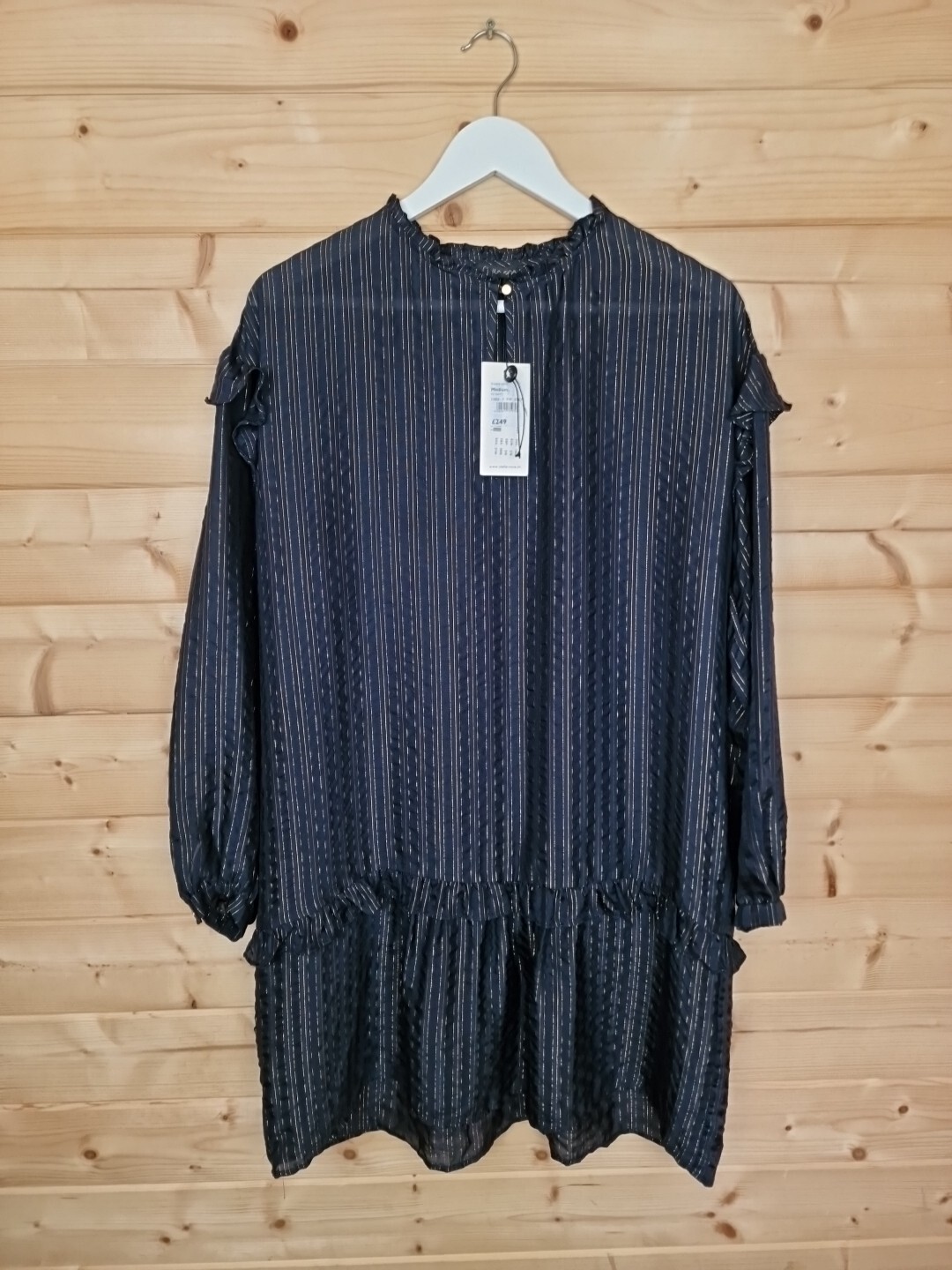 Vestido Stella Nova Alaska Seda Lurex Azul Marino Talla Mediana Metálico Rayas Volantes