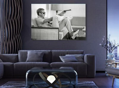 Steve Mcqueen with Gun Movie Poster Icon Classic Painting Canvas Print Art Wall