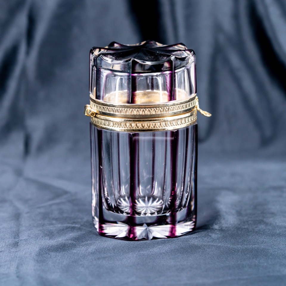 Vintage French Crystal Box Cut Glass Cylinder Shape Ormolu Bronze and