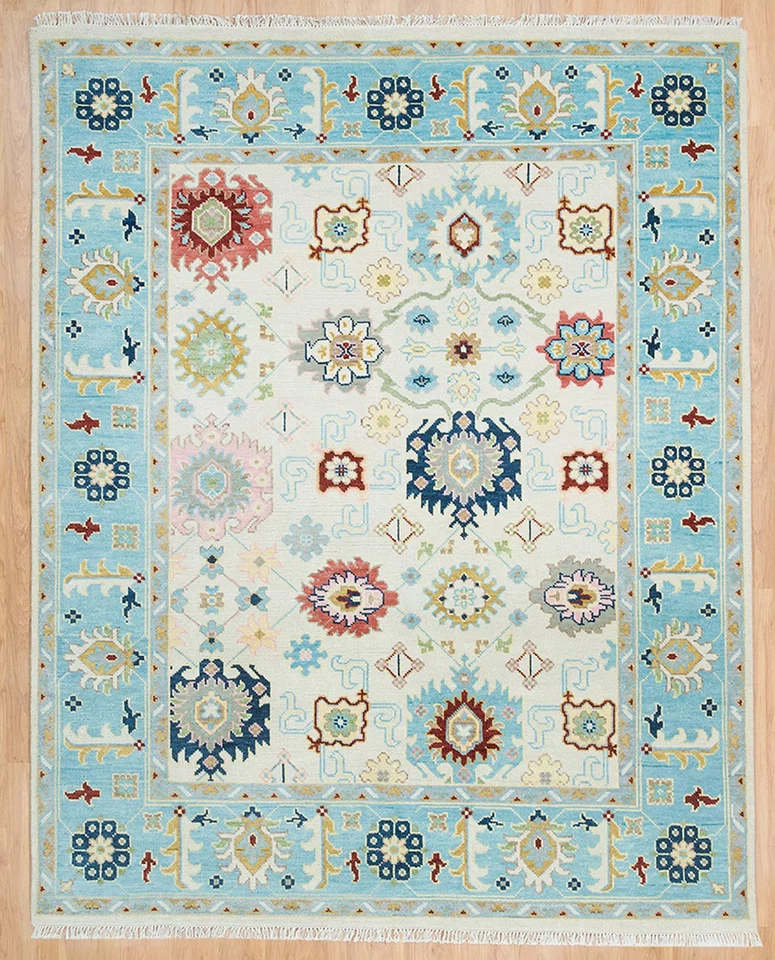 Ivory & Sky Blue Oushak Rug Hand-knotted Colorful Area Rug, Navy Accent Turkish - Image 3 of 4