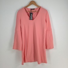 NEW Boohoo womens dress size 12 shift pink 3/4 sleeve mini V-neck solid 023250