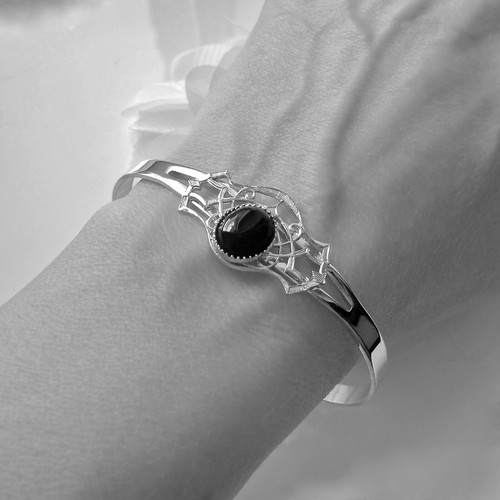 Bracelet Vintage Large En Bois Et Métal Argenté Avec Cabochon En Agate - Occasion - Style Bohème