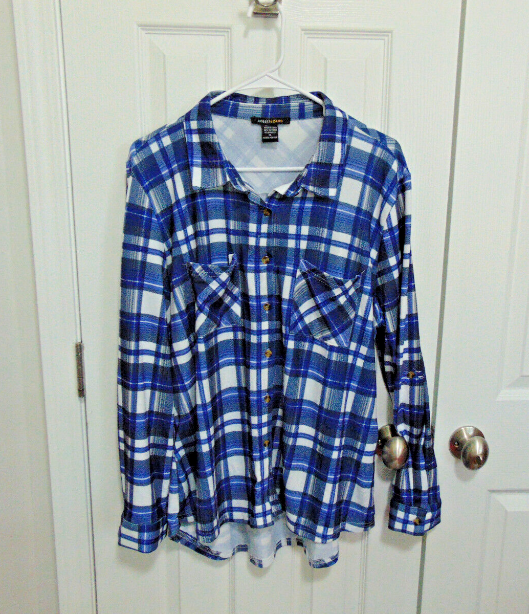 Womens Flannel Shirt Tunic Blue White Plaid Buttons Front Sz XL #3-image