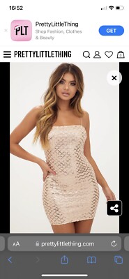 Pretty Little Things Rose Gold Strappy Sequin Straight Neck Bodycon Dress |  eBay UK