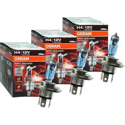 3x OSRAM NIGHT BREAKER UNLIMITED H4 +110% Glühbirne Lampe 12V 60/55 Watt P43t