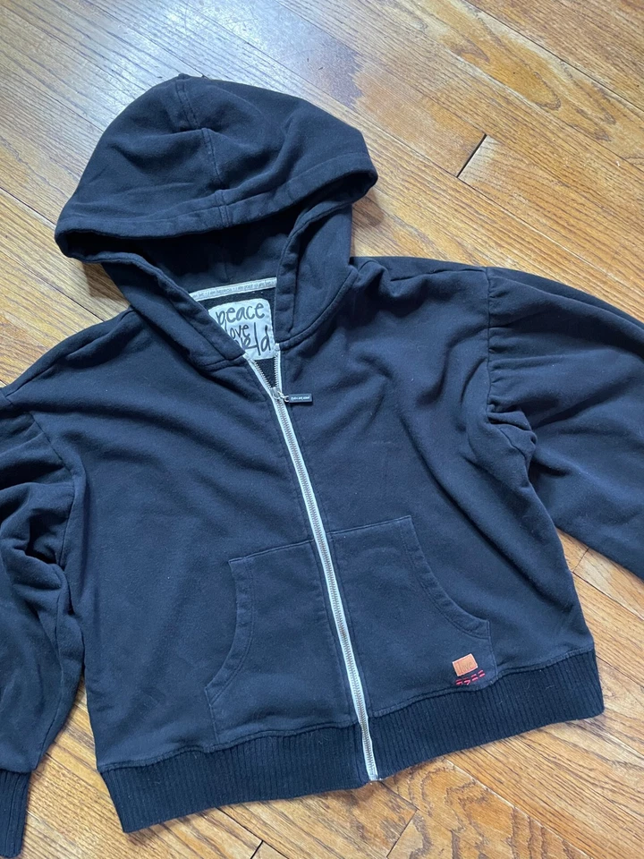 Peace Love World Puffy Sleeve Zip Black Cropped Hoodie Hooded Sweatshirt Large - Image 3 of 4