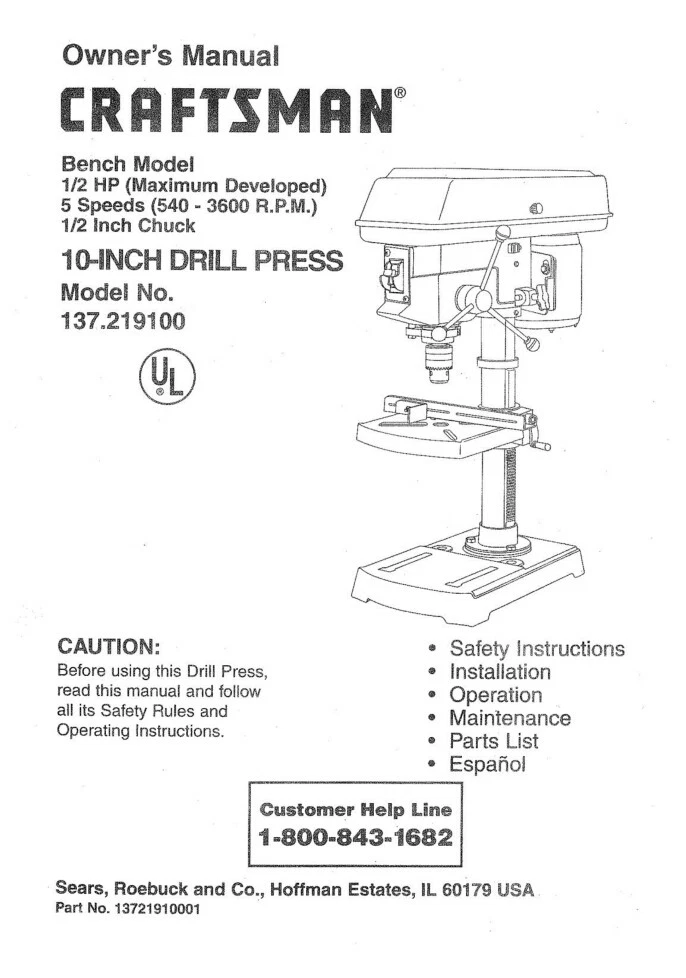 Craftsman 137.219100 Drill Press Owners Instruction Manual eBay