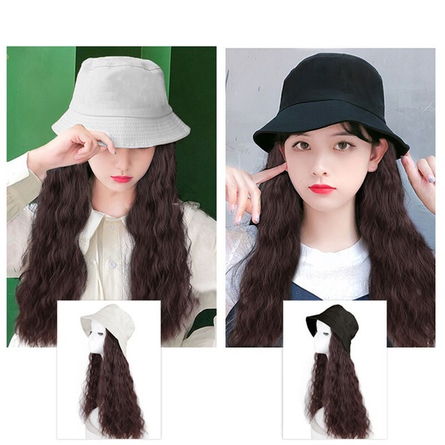 Popular Bucket Hat Wigs Hat Long Wavy Curly Women Cosplay Party Cap