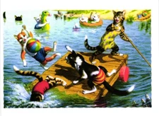 Oversized Postcard Dressed Cats Rafting
