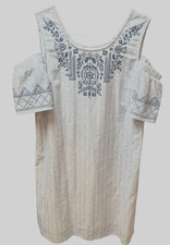 knox Rose Dress Cold Shoulder M Shift Knee Length Lined Embroidery Blue Womens