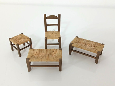 Vintage Miniatur Möbel Set Metall Stroh für Puppenstube Stühle