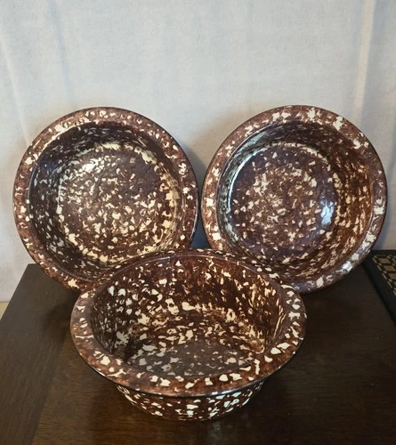 3 Vintage Town & Country Spongeware Brown Stangl Pottery Rimmed Soup Cereal Bowl