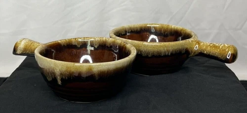 Vintage Brown Drip Handled Soup Bowls Maple Leaf Monmouth Western Stoneware USA