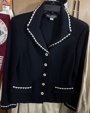 St John Knit Jacket Cropped Black/Cream Piping Trim Size 6