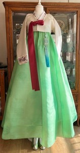 Korean Traditional Dress Silk Hanbok-Ivory & Apple green/Petticoat Norigae Shoes