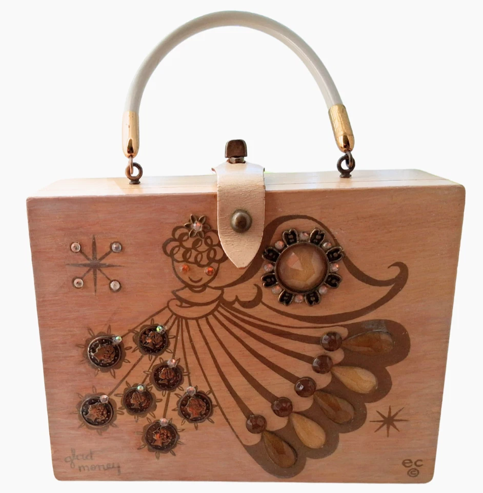 Raro 1968 Enid Collins Texas "Glad Money" Caja Bolso Monedero Joyas Monedas Oro Ángel Foto 3 de 4