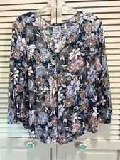 Mark Blouse Size L (12-14) Blue/Pink Floral 3/4 Bell Sleeve Round Split Neck