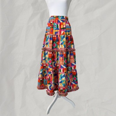 Antonio Melani Multicolor Tiered Maxi Skirt Geometric Print Fringe Hem Size 6