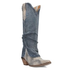 Botas vaqueras occidentales Dingo Shabby Jean con estampado de animales punta corta azul (talla de hombre de EE. UU.)