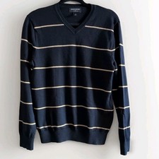 Banana Republic 100 Merino Extra Fine Wool Black Striped V-Neck Sweater Men's M