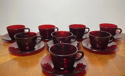 Set Of 8 Vintage Anchor Hocking Red Ruby Glass Cups & Saucers (16 pcs total)
