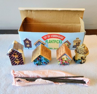 Set Of 4 Small Hand Painted Birdhouses Plant Picks Indoor Country Cottage Decor