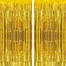 2 Pack Gold Fringe Curtains Foil Shiny Fringe Backdrop Tinsel Door Streamers Foi