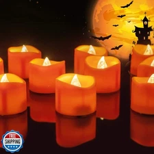 Homemory Halloween 12 Pack Orange Tea Light Candles, Battery Operated LED Tea