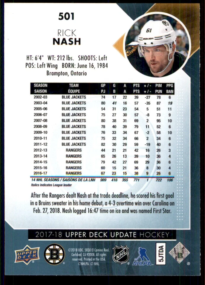 2017-18 SP AUTHENTIC UPPER DECK UPDATE RICK NASH BOSTON BRUINS #501 - Image 2 of 2